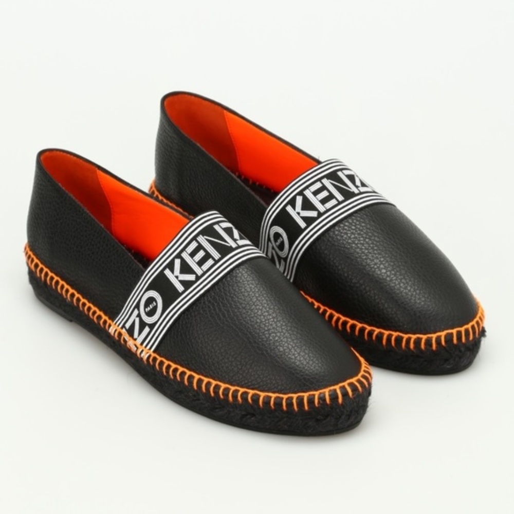 Kenzo Black Leather Slip-On Espadrilles with Orange Trim
